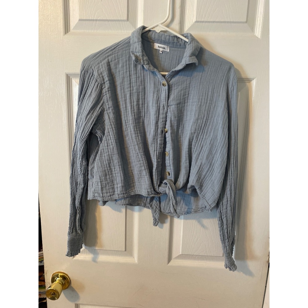 Kensie Womens Blue Gauze Tie Front Button Down Shirt Long Sleeve Blouse Size M